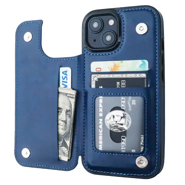 Blue Leather Wallet Card iPhone Case